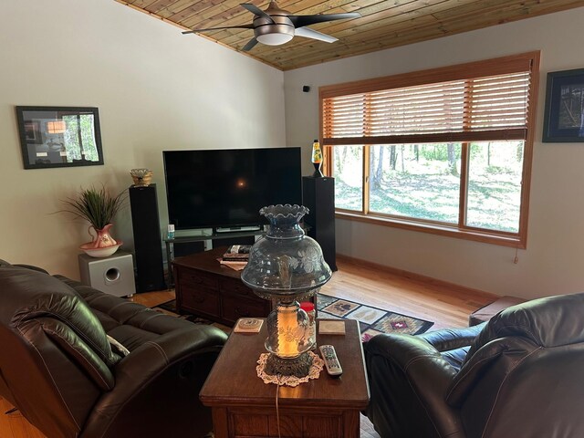 32305 W St, Breezy Point, MN 56472 - living area featuring wooden ceiling, ceiling fan, and light wood-style flooring