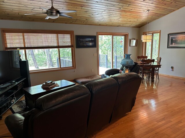 32305 W St, Breezy Point, MN 56472 - living area with wood ceiling, healthy amount of natural light, ceiling fan, light wood-style floors, and lofted ceiling
