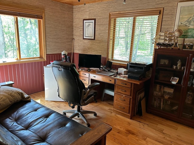 32305 W St, Breezy Point, MN 56472 - home office featuring plenty of natural light, wallpapered walls, a wainscoted wall, and light wood-style floors
