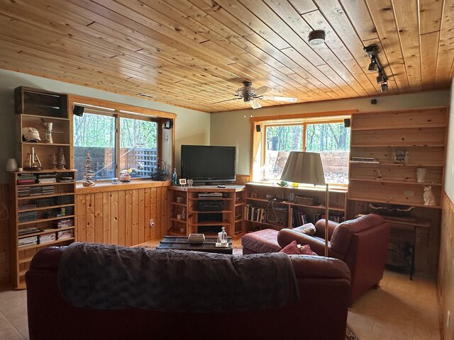 32305 W St, Breezy Point, MN 56472 - tiled living area featuring wooden ceiling, plenty of natural light, a ceiling fan, rail lighting, and wood walls