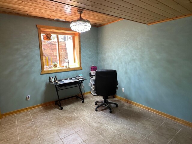 32305 W St, Breezy Point, MN 56472 - tiled office with wood ceiling, a chandelier, and baseboards