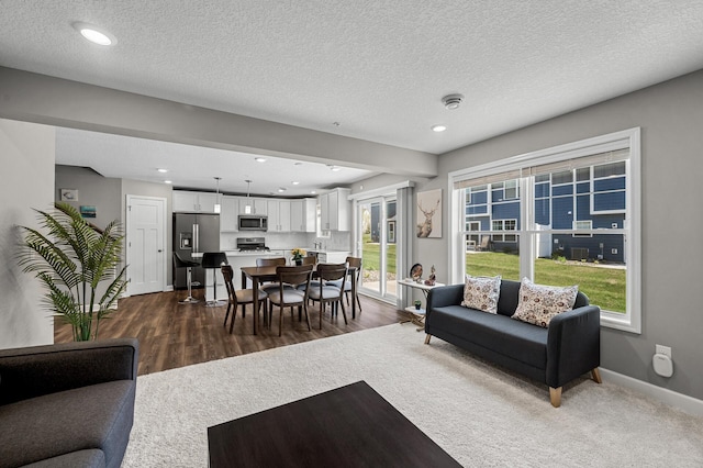 1144 Middlefield Rd, Medina, MN 55340 - living area featuring baseboards, a textured ceiling, recessed lighting, and dark wood finished floors