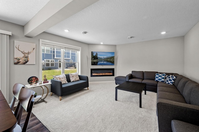 1144 Middlefield Rd, Medina, MN 55340 - living area with a textured ceiling, recessed lighting, baseboards, a glass covered fireplace, and wood finished floors
