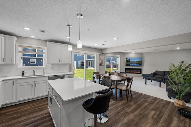 1144 Middlefield Rd, Medina, MN 55340 - kitchen with a sink, dark wood-style flooring, open floor plan, a textured ceiling, and a glass covered fireplace
