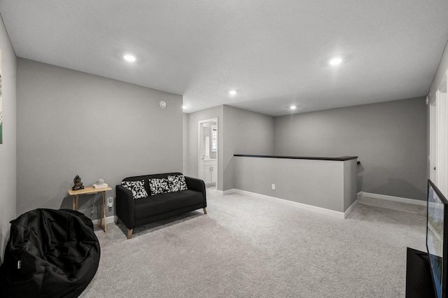 1144 Middlefield Rd, Medina, MN 55340 - living area with an upstairs landing, recessed lighting, carpet flooring, and baseboards