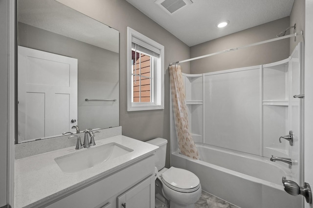 1144 Middlefield Rd, Medina, MN 55340 - full bathroom with shower / bathtub combination with curtain, toilet, marble finish floors, vanity, and recessed lighting