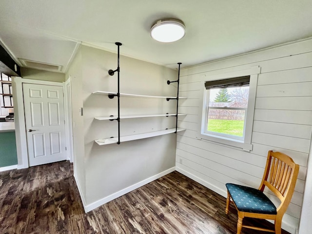 unfurnished room with wooden walls, baseboards, and dark wood-type flooring
