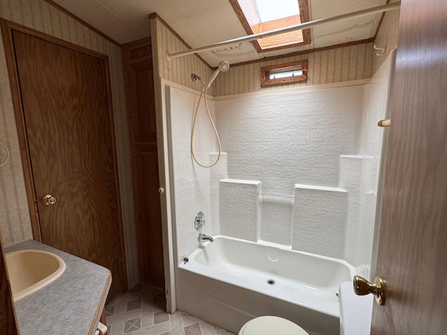 full bathroom featuring shower / bath combination, ornamental molding, and vanity