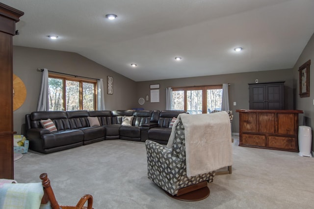 5360 Marohn Rd, Baxter, MN 56425 - living room featuring recessed lighting, light colored carpet, and lofted ceiling
