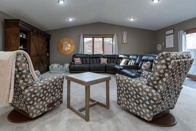 5360 Marohn Rd, Baxter, MN 56425 - living room featuring recessed lighting, light colored carpet, and lofted ceiling