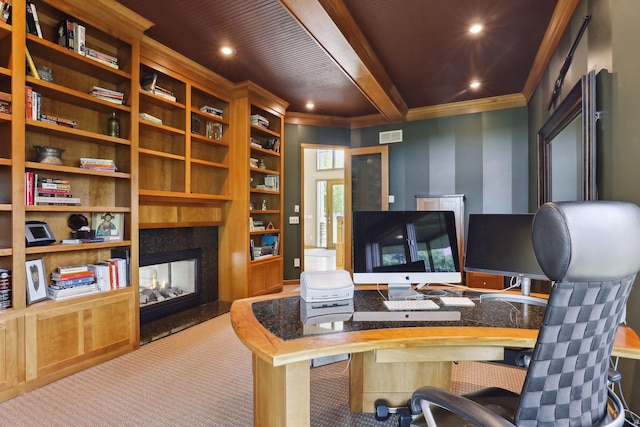 carpeted home office with a multi sided fireplace, visible vents, beamed ceiling, ornamental molding, and recessed lighting