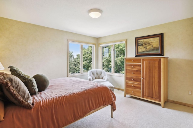 bedroom with baseboards and light carpet