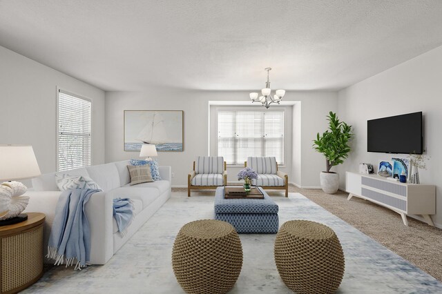 carpeted living area with a notable chandelier