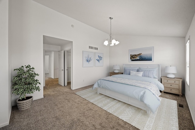 bedroom with vaulted ceiling, carpet, an inviting chandelier, and visible vents