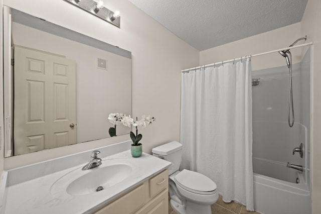 bathroom with vanity, visible vents, toilet, shower / bathtub combination with curtain, and a textured ceiling