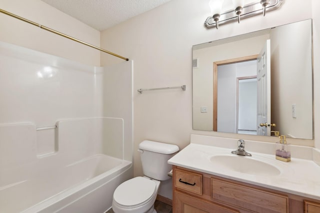 full bath featuring vanity, visible vents, toilet, shower / tub combination, and a textured ceiling