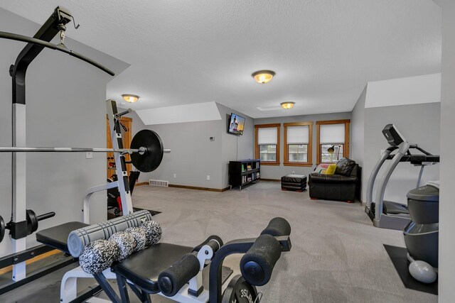912 21st Ave N, Sartell, MN 56377 - exercise area with visible vents, a textured ceiling, carpet floors, and baseboards