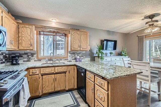 kitchen featuring a peninsula, a textured ceiling, tasteful backsplash, a sink, and stainless steel appliances