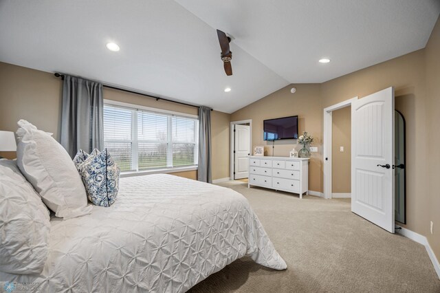 bedroom with baseboards, light carpet, vaulted ceiling, and recessed lighting