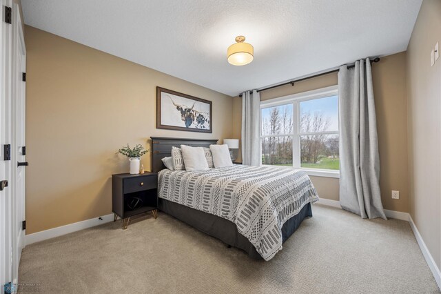 bedroom with baseboards and light carpet