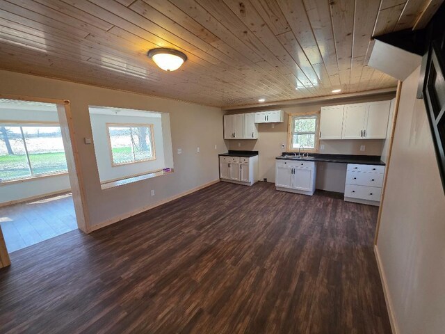 kitchen with dark countertops, dark wood-type flooring, wood ceiling, white cabinets, and a sink
