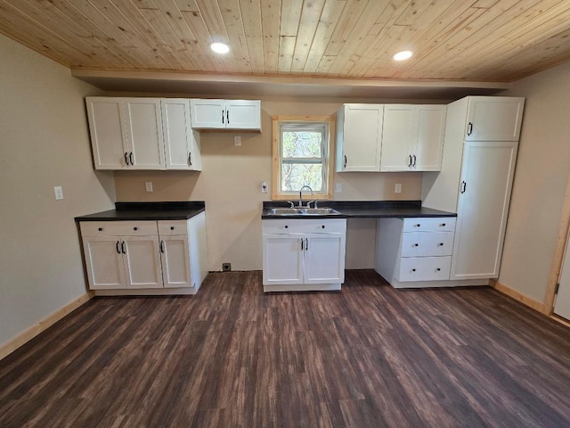 166 95th St, Black Brook Twp, WI 54007 - kitchen with wooden ceiling, white cabinets, dark countertops, dark wood-style floors, and recessed lighting