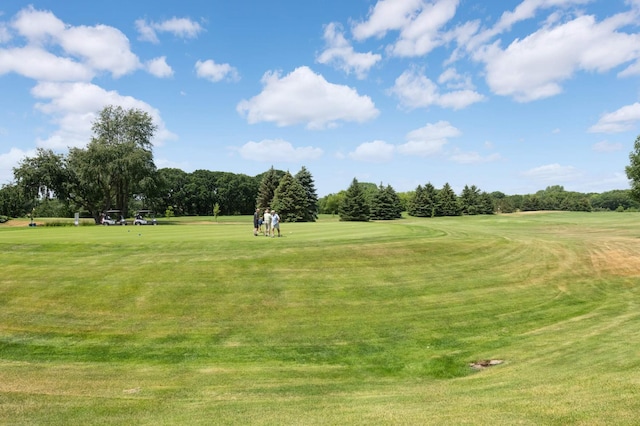 surrounding community with view of golf course, view of scattered trees, and a lawn