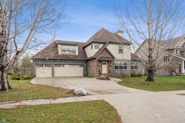 6028 Silverleaf Dr S, Fargo, ND 58104 - craftsman-style home with a shingled roof, an attached garage, a front yard, a chimney, and concrete driveway
