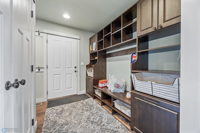 6028 Silverleaf Dr S, Fargo, ND 58104 - mudroom with recessed lighting, baseboards, and dark wood-style floors