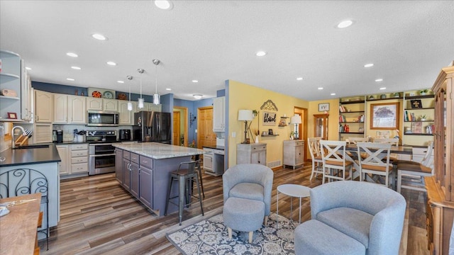 21151 150th St, Sauk Centre, MN 56378 - kitchen with appliances with stainless steel finishes, a sink, recessed lighting, wood finished floors, and open shelves