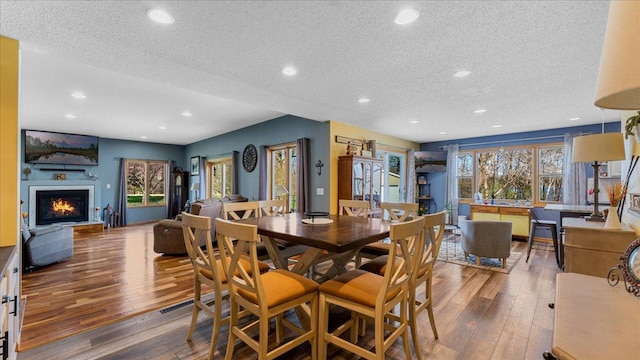 21151 150th St, Sauk Centre, MN 56378 - dining area featuring a textured ceiling, hardwood / wood-style floors, a lit fireplace, and recessed lighting