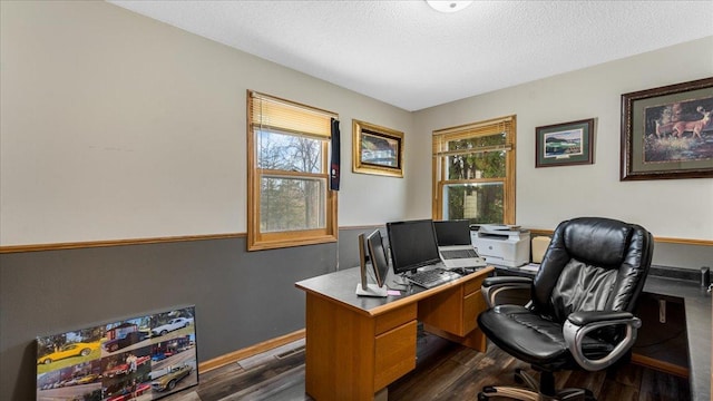21151 150th St, Sauk Centre, MN 56378 - office area featuring dark wood-style floors and a textured ceiling