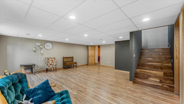 21151 150th St, Sauk Centre, MN 56378 - living area featuring stairway, light wood-style floors, baseboards, and recessed lighting