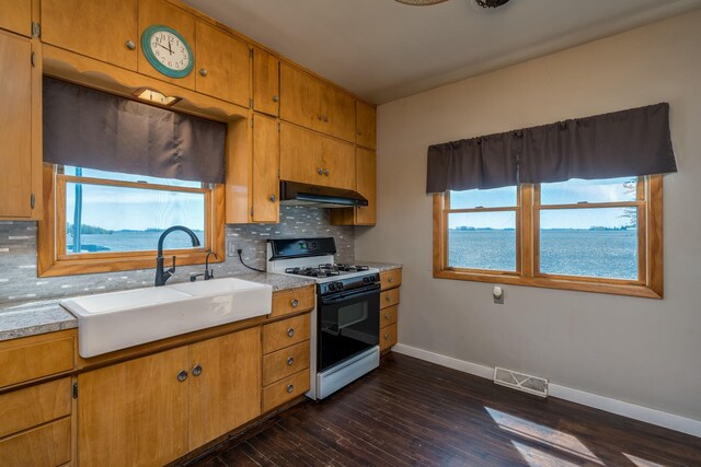 kitchen featuring visible vents, baseboards, gas range, under cabinet range hood, and a sink