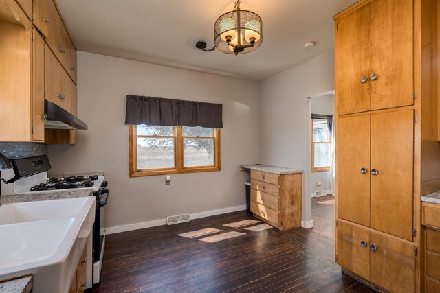 kitchen featuring dark wood-style flooring, visible vents, baseboards, range with gas stovetop, and under cabinet range hood