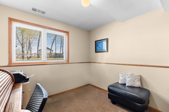unfurnished room featuring visible vents, a textured ceiling, baseboards, and carpet floors