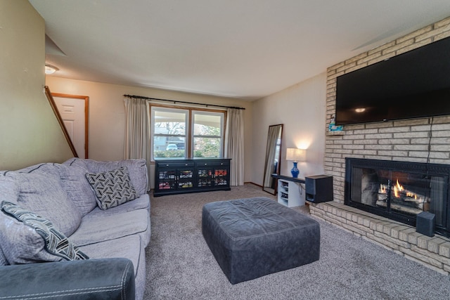 living room featuring a brick fireplace and carpet floors