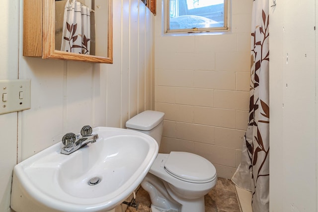 bathroom featuring toilet, a sink, and curtained shower