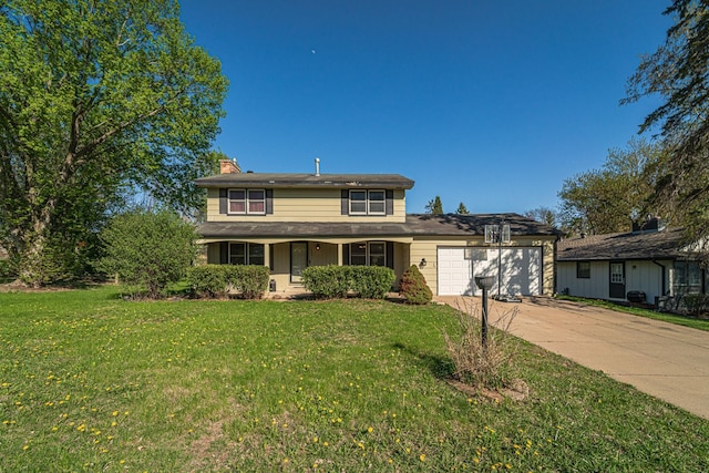 traditional home with a garage, a chimney, concrete driveway, a front lawn, and a porch
