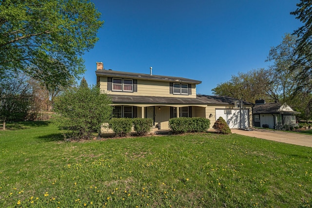 13241 Humboldt Ave S, Burnsville, MN 55337 - traditional-style home with a chimney, an attached garage, concrete driveway, a front yard, and covered porch