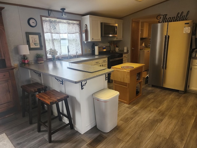kitchen featuring a peninsula, wood finished floors, and stainless steel appliances