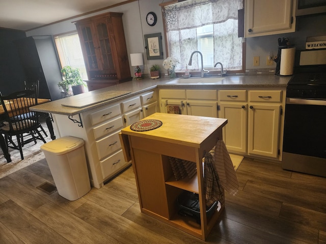 kitchen with a sink, range with gas cooktop, a peninsula, and wood finished floors