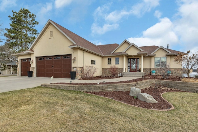 10283 Ferry Point Pl NW, Rice, MN 56367 - view of front facade with driveway, a front yard, an attached garage, stone siding, and stucco siding