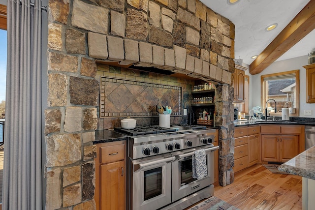 10283 Ferry Point Pl NW, Rice, MN 56367 - kitchen with beamed ceiling, light wood-type flooring, recessed lighting, a sink, and stainless steel appliances