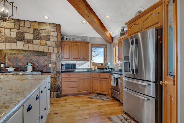10283 Ferry Point Pl NW, Rice, MN 56367 - kitchen featuring beam ceiling, light wood-style floors, recessed lighting, light stone counters, and appliances with stainless steel finishes