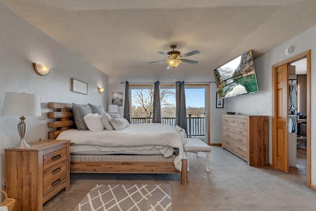10283 Ferry Point Pl NW, Rice, MN 56367 - bedroom featuring access to outside, a textured wall, light carpet, and a ceiling fan