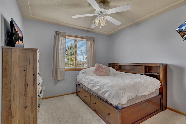 10283 Ferry Point Pl NW, Rice, MN 56367 - bedroom featuring a textured ceiling, baseboards, light colored carpet, and ceiling fan