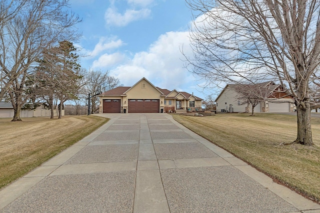 10283 Ferry Point Pl NW, Rice, MN 56367 - view of front of house with a garage, stucco siding, concrete driveway, and a front lawn