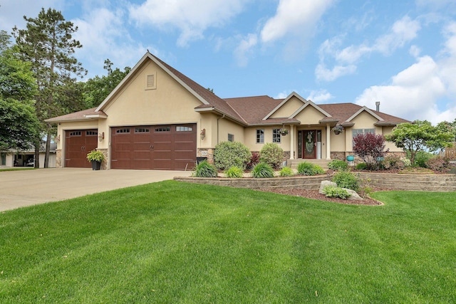 10283 Ferry Point Pl NW, Rice, MN 56367 - view of front facade with stucco siding, an attached garage, a front lawn, concrete driveway, and stone siding
