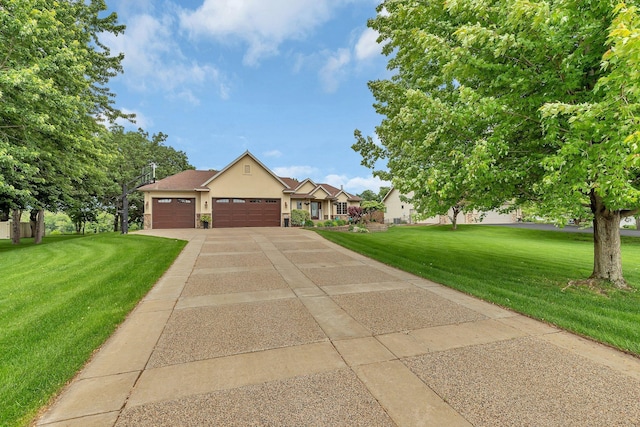 10283 Ferry Point Pl NW, Rice, MN 56367 - view of front of home with concrete driveway, a garage, stucco siding, and a front yard
